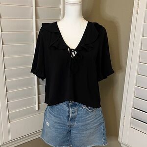 Topshop Black Ruffle Tie-Front Blouse